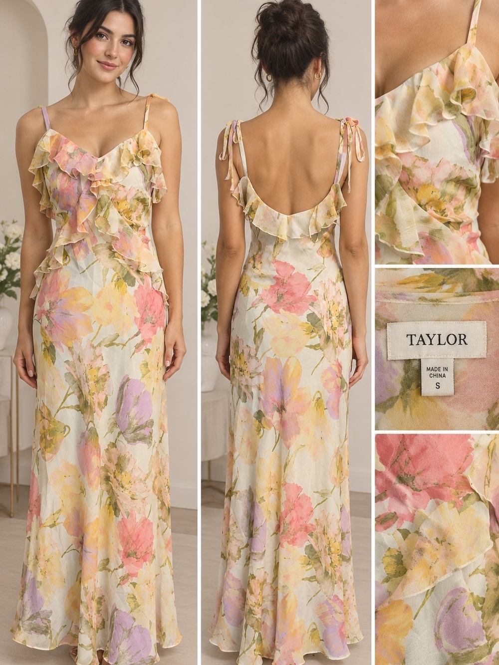 Taylor Pastel Floral Ruffle Maxi Dress — Cream, Pink, Yellow, Green, Purple